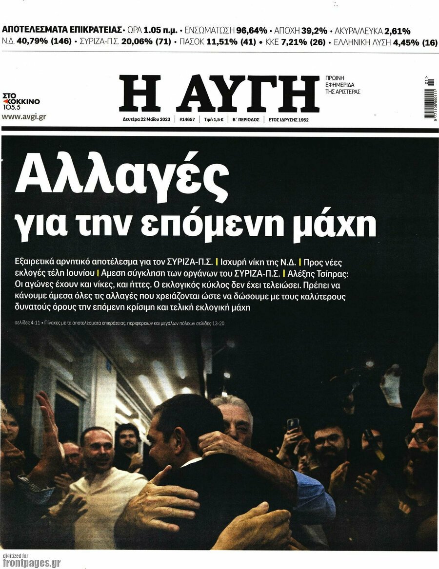 Αποτελέσματα εκλογών 2023: Οι 300 βουλευτές της Βουλής μετά τις κάλπες της Κυριακής Εκκρεμεί η απόφαση των πολιτικών αρχηγών για το ποια έδρα θα επιλέξουν vouli-mitsotakis Νέα Βουλή, έστω και βραχύβιας «διάρκειας ζωής» καθώς θα υπάρξουν δεύτερες εκλογές πιθανότατα στις 25 Ιουνίου, προέκυψε μετά τις εκλογές της Κυριακής και τη σαρωτική νίκη της Νέας Δημοκρατίας με διπλάσιο ποσοστό έναντι του ΣΥΡΙΖΑ. Οι περισσοτεροι από τους βουλευτές που εκλέγονται πιθανότατα θα βρεθούν και στη Βουλή που θα προκύψει μετά τι