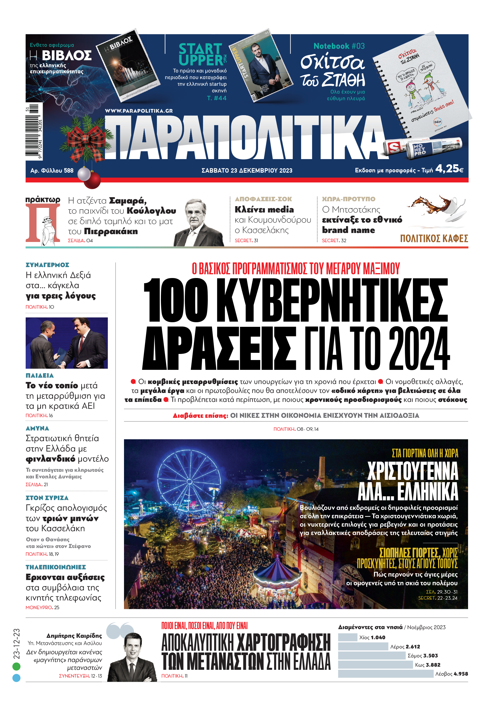 Με τίτλο: «100 κυβερνητικές δράσεις για το 2024» κυκλοφορούν αύριο, Σάββατο 23 Δεκεμβρίου, τα «Παραπολιτικά». Ο βασικός προγραμματισμός του Μεγάρου Μαξίμου Ακόμη: Οι νίκες στην οικονομία ενισχύουν την αισιοδοξία Αποκαλυπτική χαρτογράφηση των μεταναστών στην Ελλάδα
