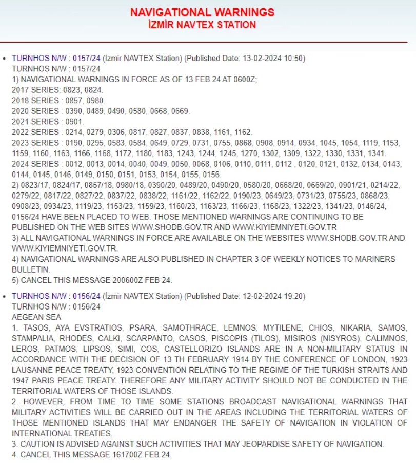 Νέα προκλητική navtex, για έρευνες σε μεγάλη περιοχή του Αιγαίου, εξέδωσε η Τουρκία. Στην έκδοση της Navtex, η Τουρκία κάνει λόγο για «στρατιωτικές δραστηριότητες» από την Ελλάδα, «συμπεριλαμβανομένων διεθνών υδάτων, που μπορεί να εγκυμονούν κίνδυνο για την ασφάλεια και παραβίαση των διεθνών Συνθηκών». Στην ανακοίνωση κάνουν αναφορά σε νησιά τα οποία χαρακτηρίζουν αποστρατιωτικοποιημένα και τα οποία έχουν συμπεριλάβει στη Navtex, όπως η Σαμοθράκη, η Λήμνος, η Λέσβος, η Σάμος, η Ρόδος, η Κως, η Χάλκη, το Κασ