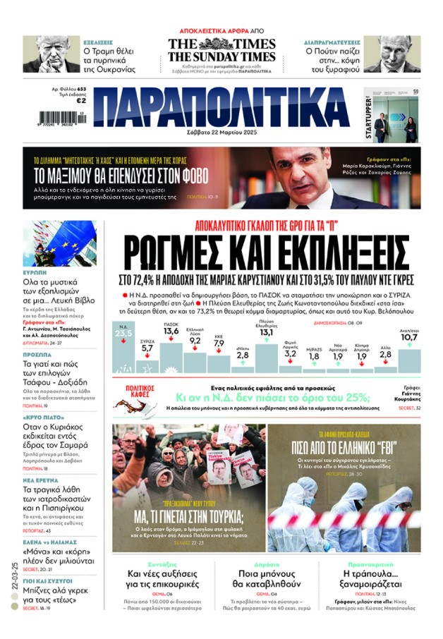 Αύριο, Σάββατο 22 Μαρτίου, η εφημερίδα «Παραπολιτικά» κυκλοφορεί σε όλα τα περίπτερα της χώρας με πλούσια θεματολογία, πολλές αποκλειστικότητες, αλλά και με αποκαλυπτικά θέματα και ρεπορτάζ! Διαβάστε στα «Παραπολιτικά» που κυκλοφορούν το Σάββατο 22/3 ΑΠΟΚΑΛΥΠΤΙΚΟ ΓΚΑΛΟΠ ΤΗΣ GPO ΓΙΑ ΤΑ "Π" ΡΩΓΜΕΣ ΚΑΙ ΕΚΠΛΗΞΕΙΣ: ΣΤΟ 72,4% Η ΑΠΟ∆ΟΧΗ ΤΗΣ ΜΑΡΙΑΣ ΚΑΡΥΣΤΙΑΝΟΥ ΚΑΙ ΣΤΟ 31,5% ΤΟΥ ΠΑΥΛΟΥ ΝΤΕ ΓΚΡΕΣ Η Νέα ∆ημοκρατία προσπαθεί να δηµιουργήσει βάση, το ΠΑΣΟΚ να σταµατήσει την υποχώρηση και ο ΣΥΡΙΖΑ να διατηρηθεί στη ζω